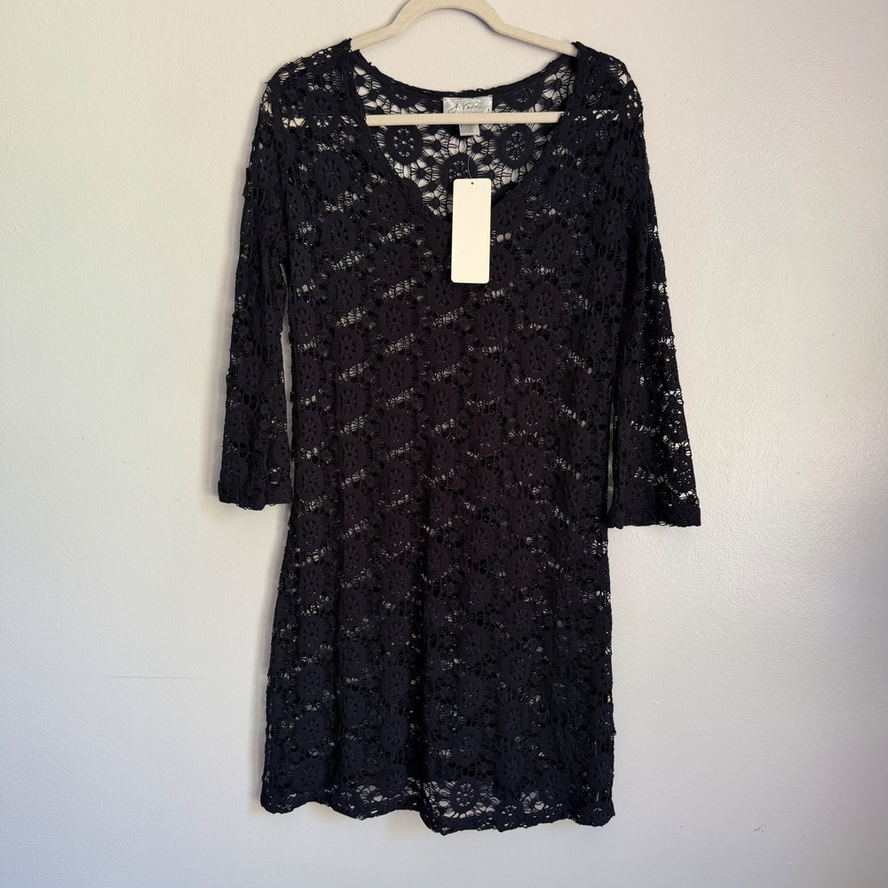 NWT Y2K J Valdi Black Crochet Lace V-Neck Swim Cover Up Dress 3/4 Sleeve S
